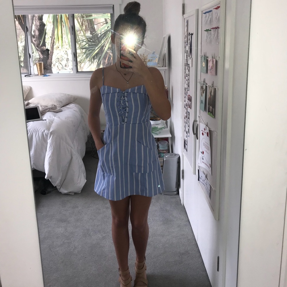 blue and white striped dress fake corset front